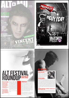 Full page photos of Finch, TRC, and Polar accompanying an article on Alternative music festivals in ALT-MU Magazine.