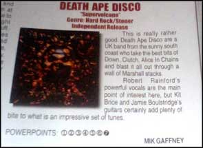 The album cover for Death Ape Disco's 'Supervolcano' release in Powerplay magazine.