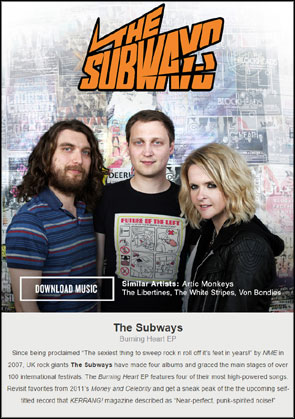 Portrait of The Subways used for online advert for an ep download ahead of the US album release.