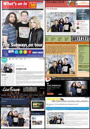 Portrait of The Subways accompany various news articles and interviews in What's On in Oxford Guide, Troublezine, Westzeit, Rokhal, 50K Music Mag, Live Forum, and Botanique's guide.