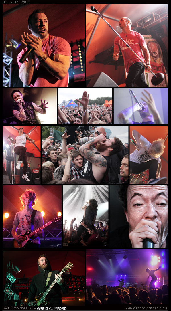 Hevy Fest 2011 - TOP ROW: Greg Puciato - The Dillinger Escape Plan, ROW 2:  Heart Of A Coward, Crowd for Funeral For A Friend, Brotherhood Of The Lake, ROW 3: TRC, Feed The Rhino, Architects, LAST ROW: La Dispute, While She Sleeps, Touche Amore.
