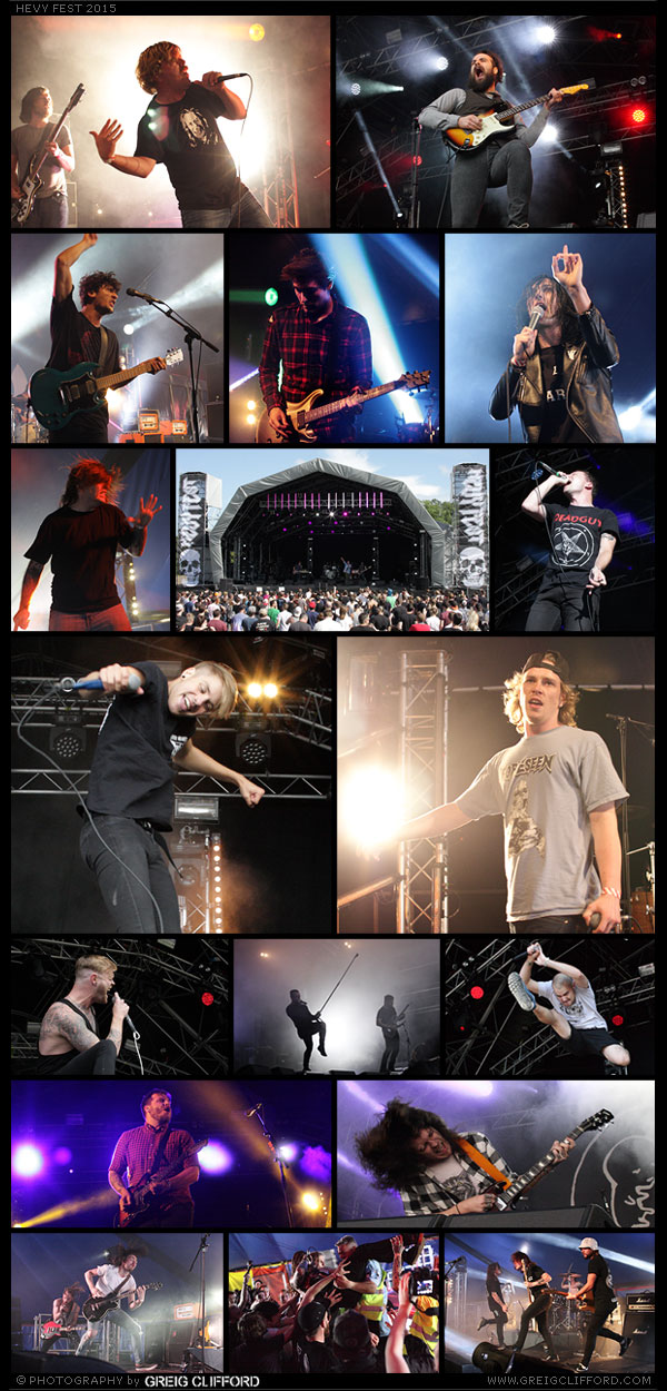 Hevy Fest 2015 - TOP ROW:  Horse The Band, Arcane Roots. ROW 2: Press To MECO, Fightstar, Creeper. Row 3: OHHMS, Black Peaks, Touche Amore. ROW 4: As It Is, Broken Teeth. Row 5: Fort Hope, The Dillinger Escape Plan, Hacktivist. Row 6: Thrice, Fall Of Troy. ROW 7: Heck, The Colour Line, Landscapes.