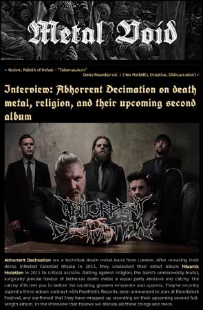 Band portrait of Abhorrent Decimation accompanying an interview in Metal Void.