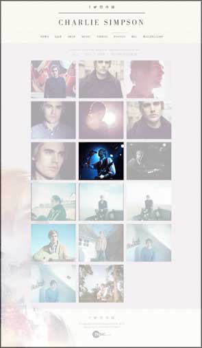 A live photo of Charlie Simpson used on his website gallery page.