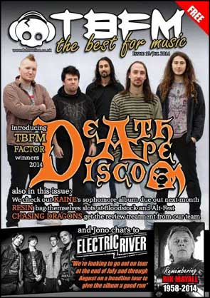 Band portrait of Death Ape Disco on the front cover of TBFM mag.