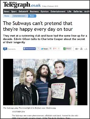 Portrait of The Subways on the Belfast Telegraph newspaper website to accompany an interview.